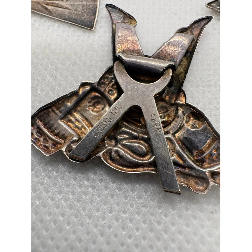Vintage 950 Silver Japan Scarf Clip Set Dragon Boat Pagoda Samurai Fan 16.38g